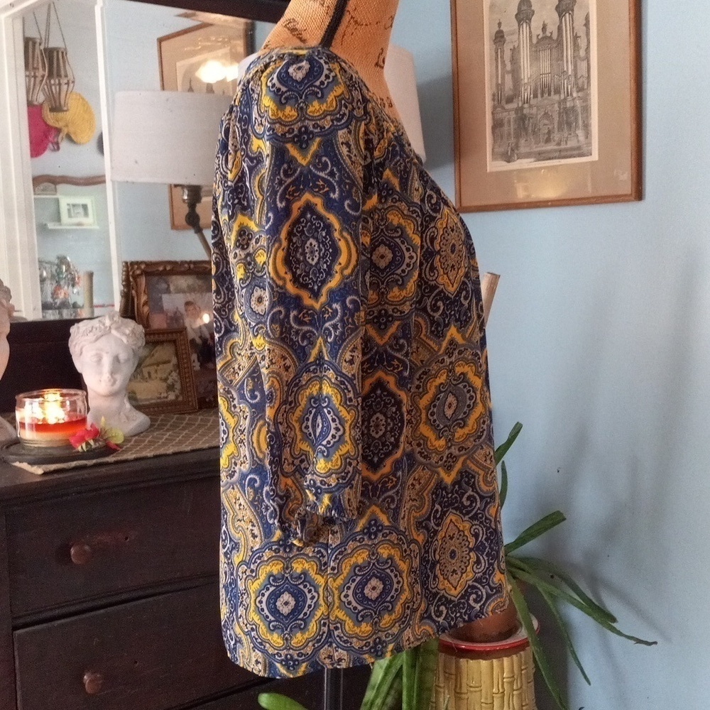 Ann Taylor Navy Mustard Yellow Paisley Boho Blouse Petite Small - Picture 5 of 13